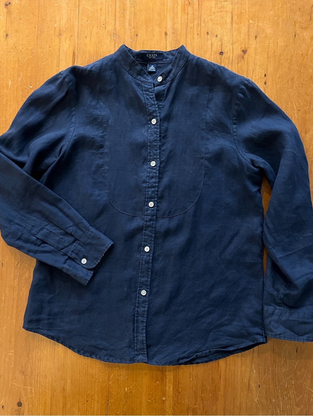 Chaps 100% Linen Band Mandarin Collar Long Sleeve Navy Blue Button-Down Shirt